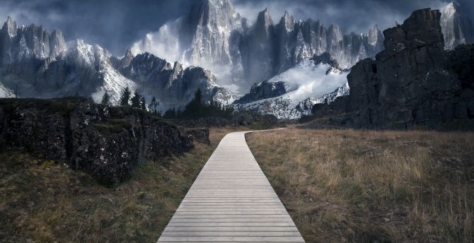 Wooden path, mountains, landscape wallpaper