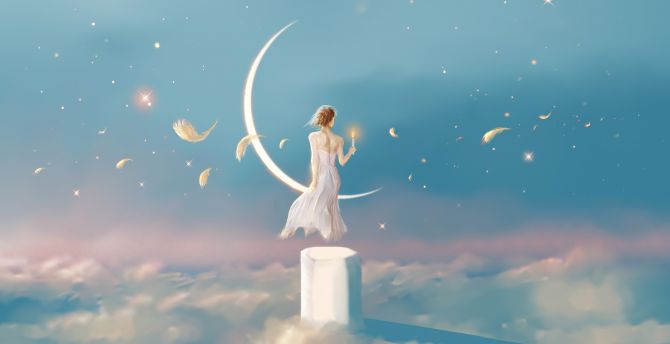 Angel of moon, above the sky, fantasy wallpaper