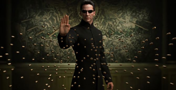 Neo, Keanu Reeves, The Matrix, bullets wallpaper