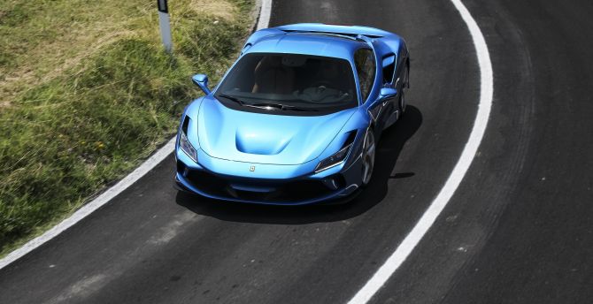 On-road, blue Ferrari F8 Tributo wallpaper