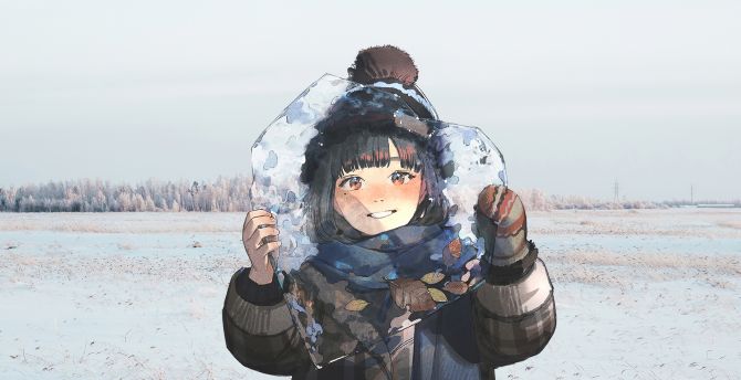 Original, cute anime girl, heart shape ice piece, winter wallpaper