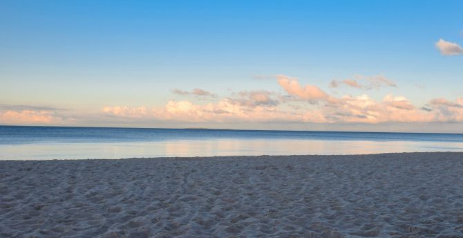 Beach, dawn, sand, blue skyline, sea wallpaper