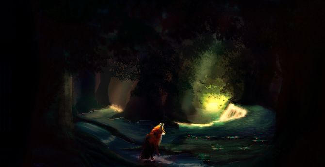 Forest, dark, stream, fox, artwork wallpaper