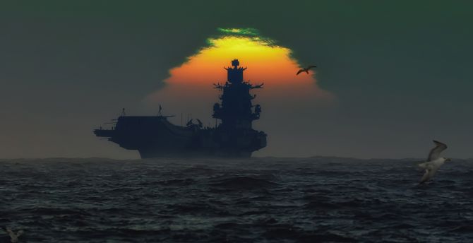 Warship, sunset, silhouette wallpaper