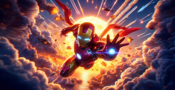 Iron man among rockets, in the sky, anime art wallpaper