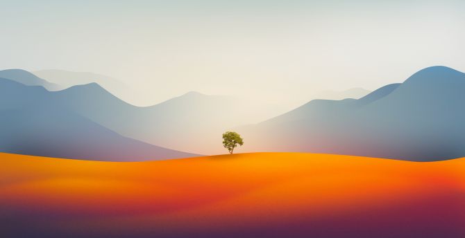 Lone tree, landscape, gradient desert, artwork wallpaper