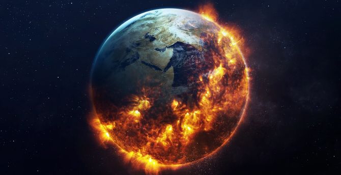 Earth on fire, planet, space, fantasy wallpaper
