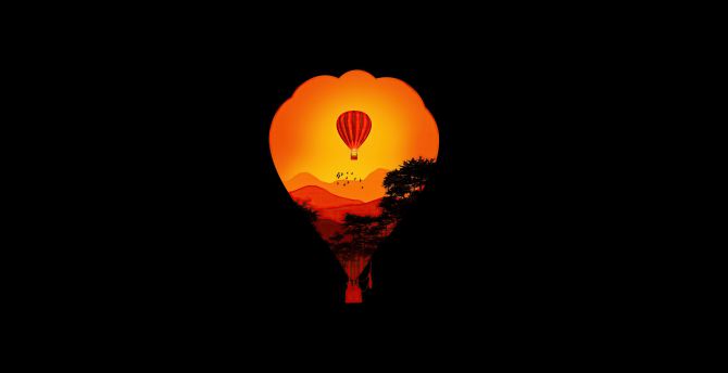 Air balloon, minimal, sunset, dark, art wallpaper