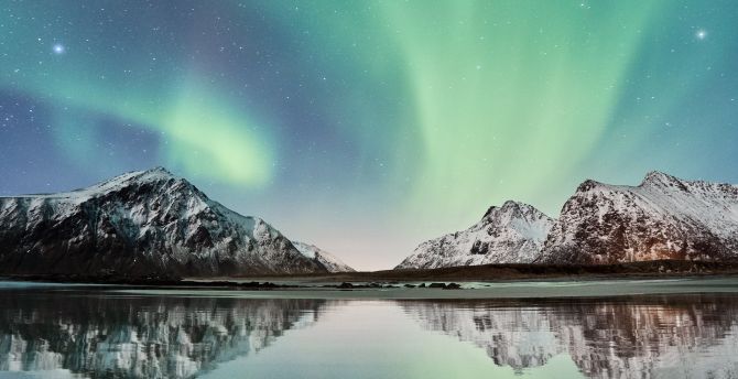 Northern lights, snow mountains, reflections, lake, reflections wallpaper