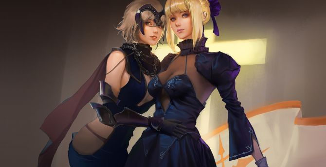 Jeanne and saber, fate, anime girls, artwork wallpaper