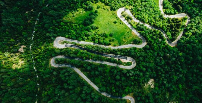 Aerial view, road's turns, highway, green wallpaper
