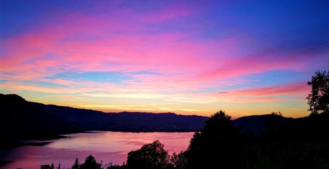 Lake, sunset, blue-pink sky, silhouette wallpaper