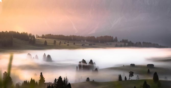 Mountains, mist, landscape, sunrise wallpaper