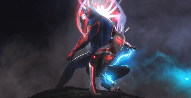 Spider-man 2099 alongside scarlet spider, futurist wallpaper
