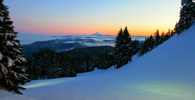 Mount Hood, winter, sunrise, landscape wallpaper