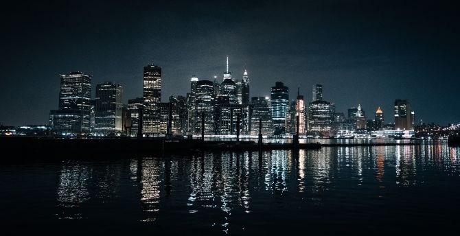 Cityscape, dark, reflections, night, buildings wallpaper
