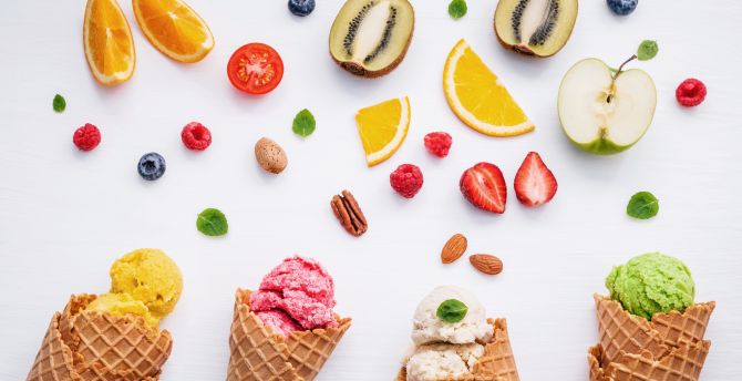 Waffle cones, fruits, slices wallpaper