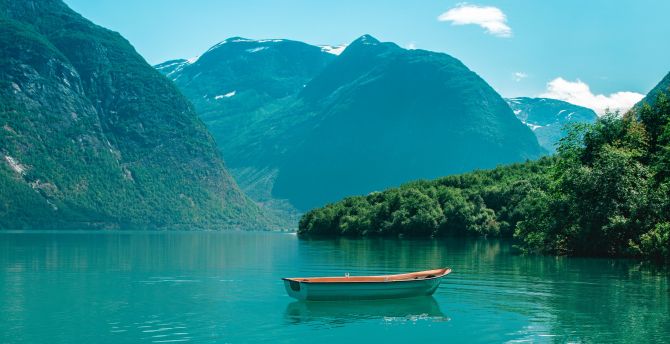 Lake, boat, mountains, holiday wallpaper