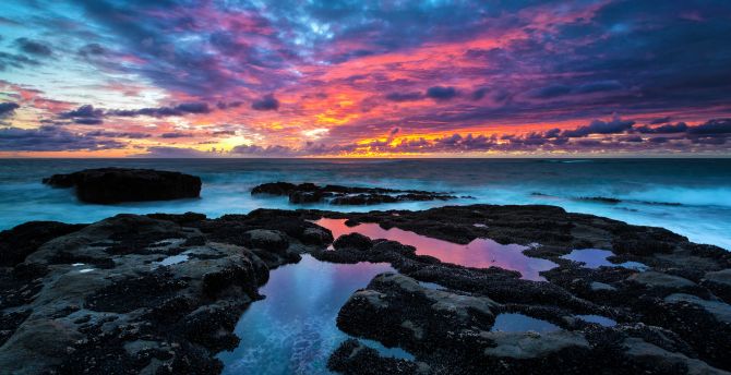 Sunset, rocky beach, clouds, nature wallpaper