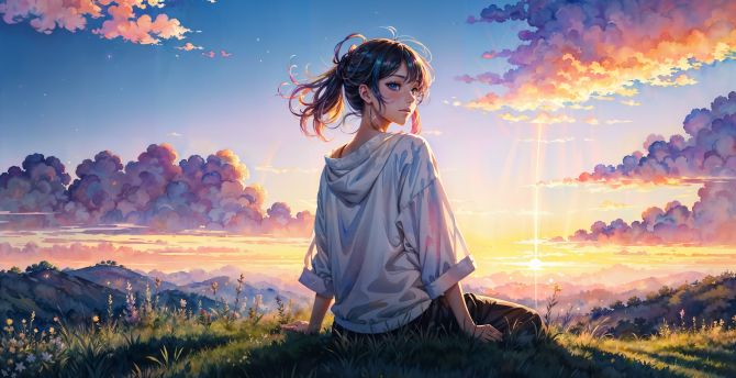Anime girl in the depths of daylight, outdoor wallpaper