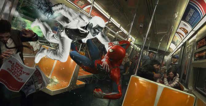 Spider-man (PS4), video game, fight, inside train, 2018 wallpaper