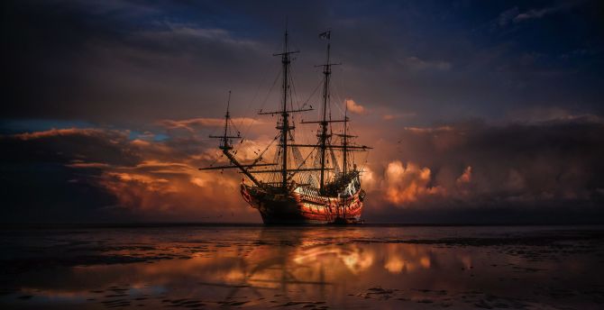 Sail ship, sunset, seashore, sea wallpaper