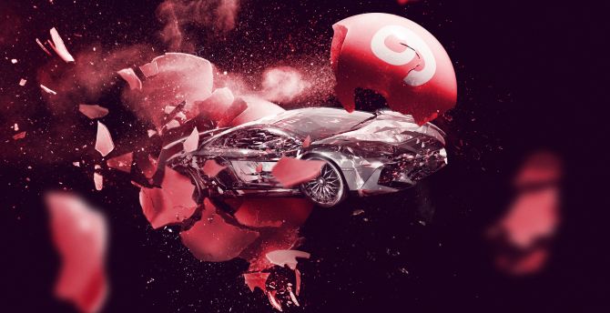 Lamborghini car, explosion, ball smash wallpaper