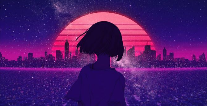 Girl, short hair, silhouette, cityscape, synthwave wallpaper