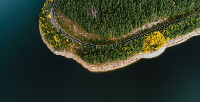 Curvy coast, road, aerial view, nature wallpaper