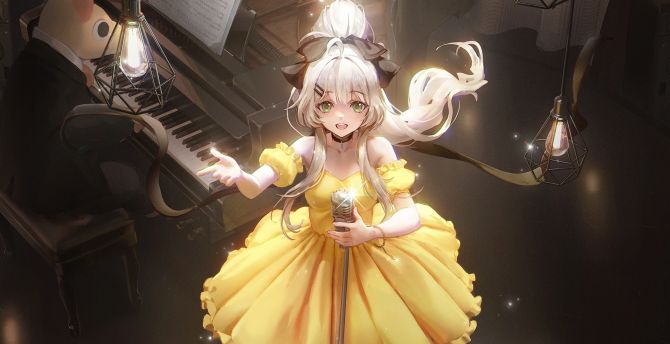 Music Concert, anime girl, yellow dress, original wallpaper