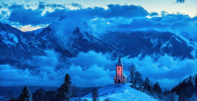 Church, mountains, clouds, evening wallpaper