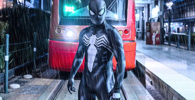 Spider-man PS5, video game, black suit, 2020 wallpaper