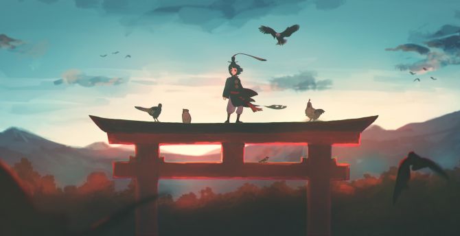 Anime, sunset, boy and birds, art wallpaper