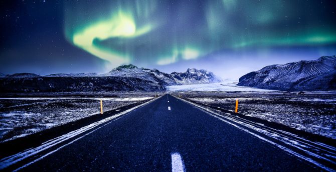 Aurora Borealis, Northern Lights, highway, road, winter wallpaper