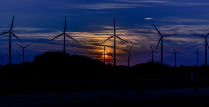 Sunset, wind mills, turbines, blue sky wallpaper