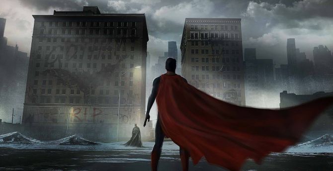 Superman, flying, batman, buildings, art wallpaper