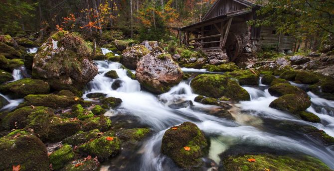 Waterfall, stream, nature, forest, wooden hut, landscape wallpaper
