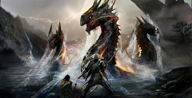 Dragons and ninjas, warriors, art, fantasy wallpaper