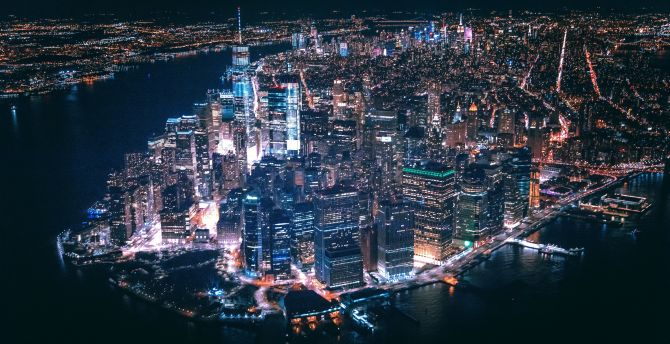Cityscape, buildings, New York, aerial view, night wallpaper