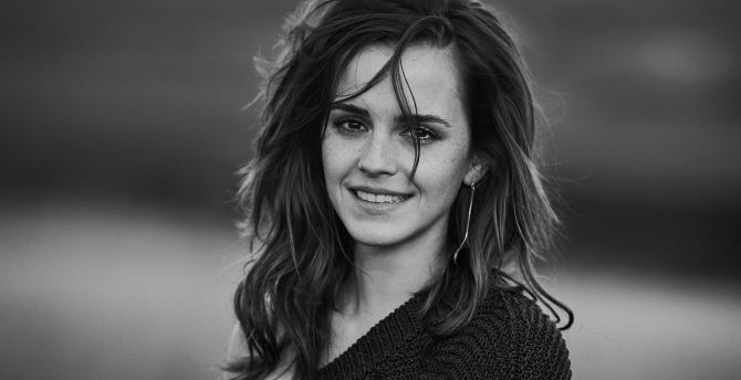 Smile, Emma Watson, monochrome wallpaper