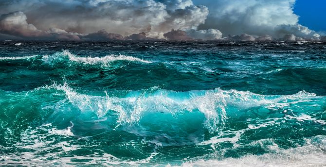 Waves sea, sky, clouds, blue-green, storm wallpaper