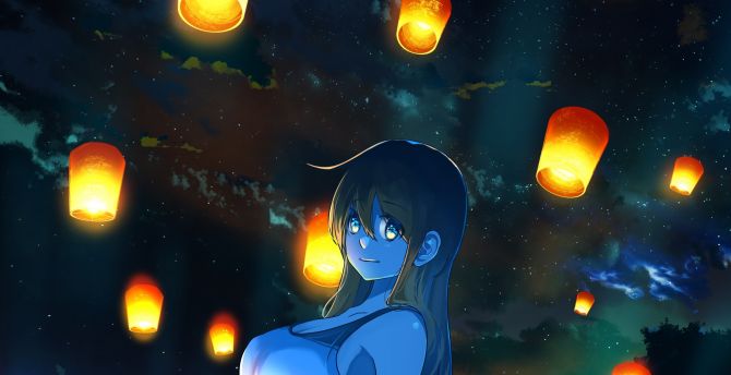 Lanterns, beautiful, anime girl, outdoor wallpaper