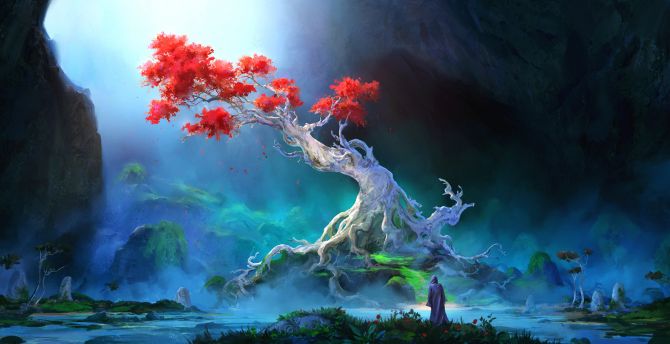 Red leaf bloom, lone tree, fantasy, art wallpaper