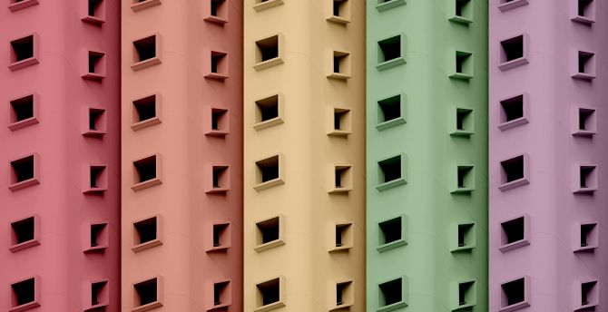 Buildings, colorful windows, art wallpaper