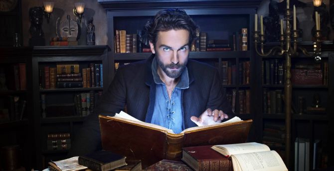 Tom Mison, Sleepy hollow, reading book, actor, tv series, library wallpaper