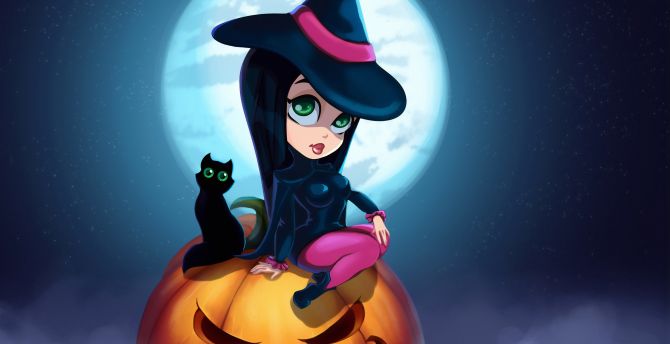 Cute witch and kitten, Halloween, art wallpaper