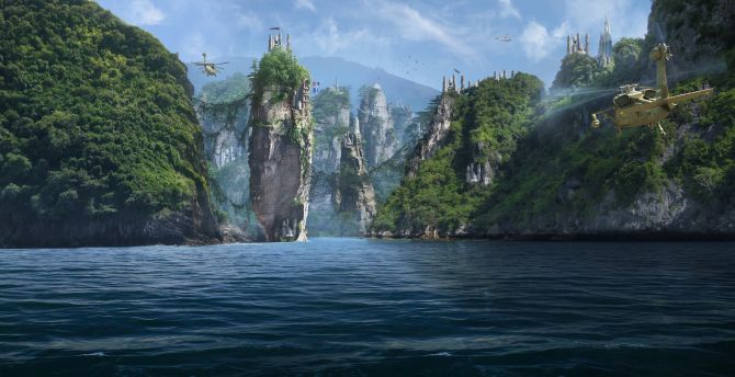 Forgotten islands, panorama, sea, cliffs, fantasy wallpaper