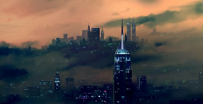 Night, dusk, New York, city, buildings, art wallpaper