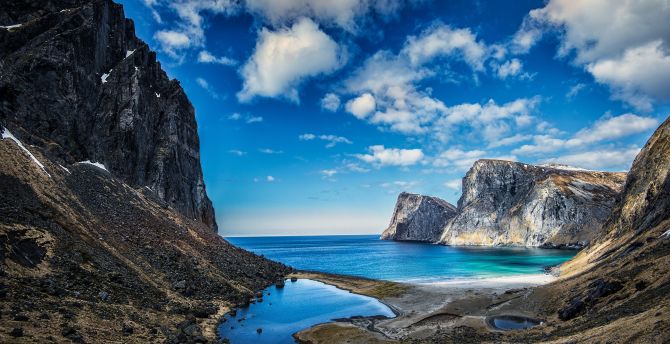 Cliffs, coast, sea, clouds, blue sky, nature wallpaper
