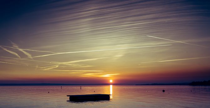 Sunset, lake, clean sky, boat wallpaper